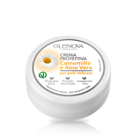 Crema Protettiva Glenova con Camomilla e Aloe Vera da 120 ML per pelli delicate, perfetta per mani e piedi sensibili.