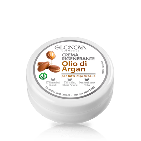 Crema Rigenerante Glenova con Olio di Argan da 120 ML per tutti i tipi di pelle, ideale per mani e piedi secchi e disidratati.