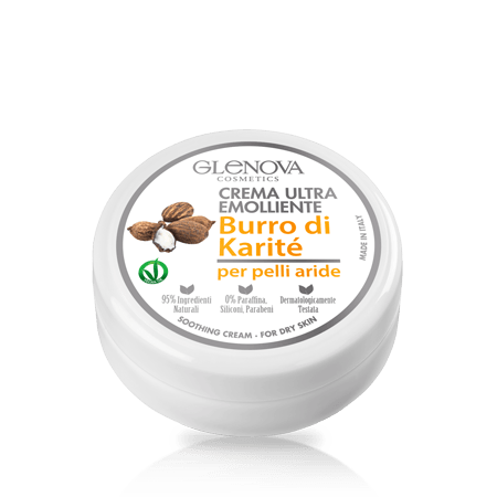 Crema Ultra Emolliente Glenova con Burro di Karité da 120 ML per pelli aride, ideale per nutrire mani e piedi secchi.