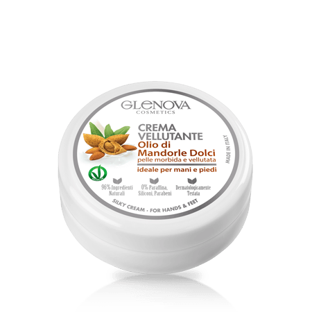 Crema Vellutante Glenova con Olio di Mandorle Dolci da 120 ML per mani e piedi, lascia la pelle morbida e vellutata.