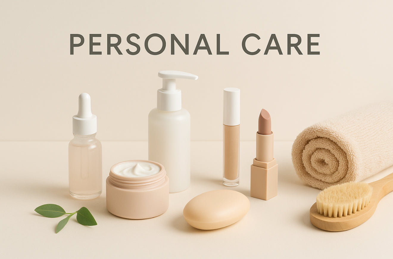 Alt text (in Italian):  
Prodotti essenziali per la cura della persona su sfondo neutro.