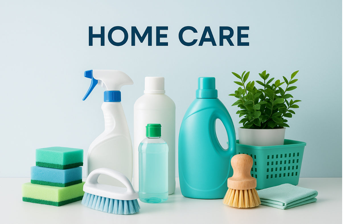 **Alt text (Italiano):** Prodotti per la cura e pulizia casa con spugne e detergenti