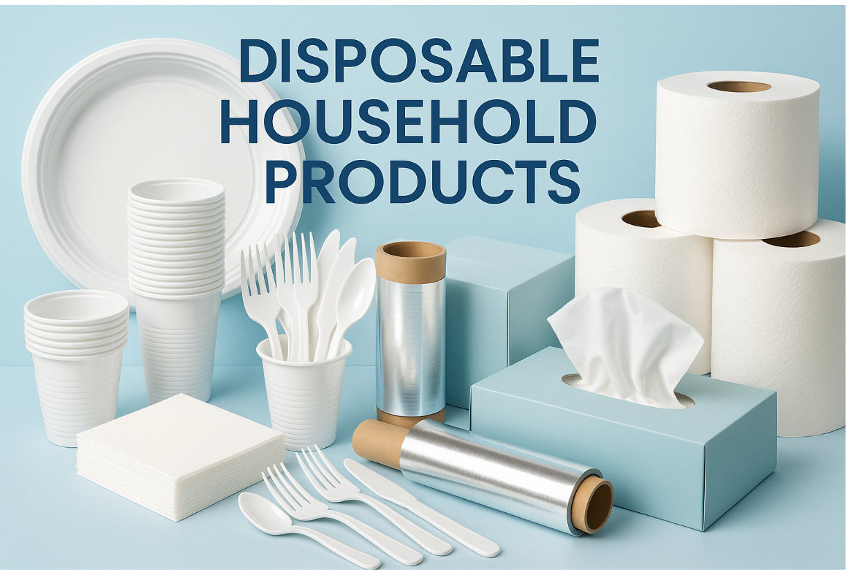 Alt text (Italian): Prodotti monouso per la casa: piatti, bicchieri, posate e tovaglioli.