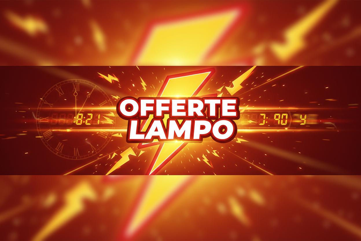 **Alt text (in Italian):** Offerte Lampo con grafica fulmine e timer su sfondo rosso acceso.